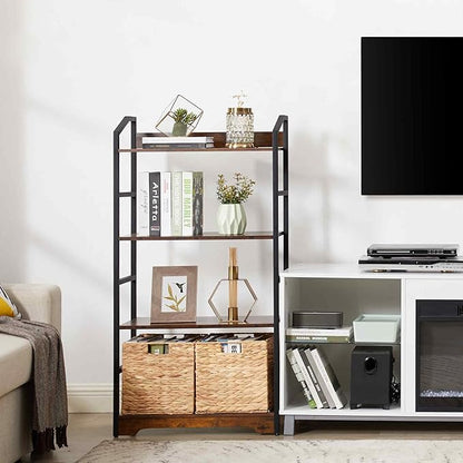 Vagusicc 4 Tier Bookshelf with 2 Storage Baskets, Tall Bookcase Shelf Storage Organizer Wood Book Shelf, Modern Shelf Rack Shelves with Steel Frame, Multipurpose Bookshelf for Bedroom Living Room