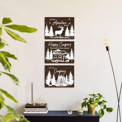 HOMEOART Camper Decor RV Wall Art Happy Campers Adventure Camping Wall Decor Sign, Deer in Forest Farmhouse Cabin Decoration,Framed 12x16inchx3Piece, Rustic Brown