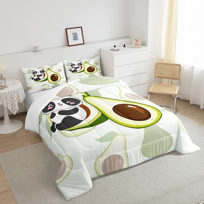 Erosebridal Panda Comforter Set Full,Avocado Bedding Set Cute Black White Panda Bedding Bear Cat Bedding Comforter for Kids Boys Girls Green Tropical Fruit Quilt Duvet Set Room Decor 2 Pillow Cases