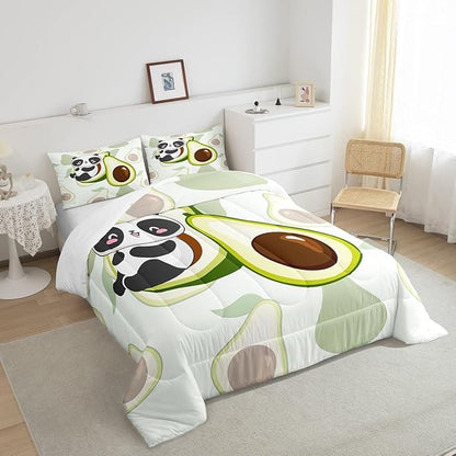 Erosebridal Panda Comforter Set Queen,Avocado Bedding Set Cute Black White Panda Bedding Bear Cat Bedding Comforter for Kids Boys Girls Green Tropical Fruit Quilt Duvet Set Room Decor 2 Pillow Cases