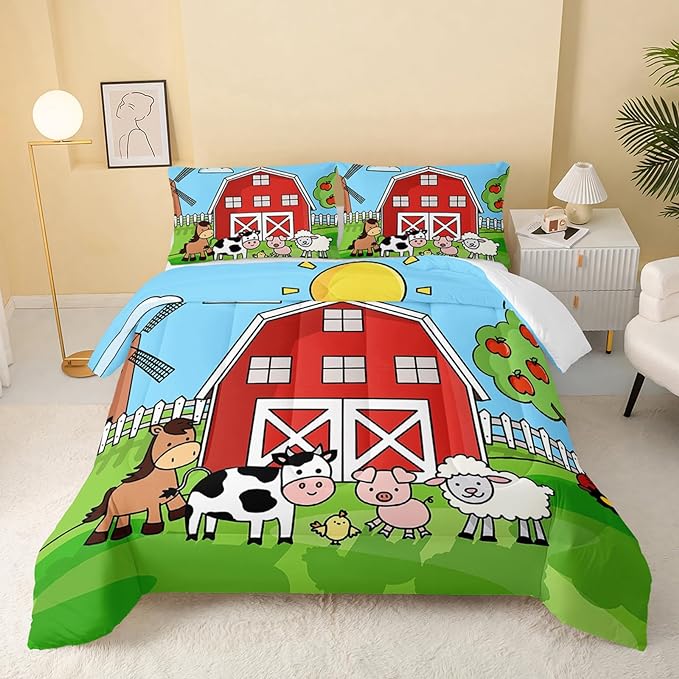 Farm Animals Comforter,Farmhouse Comforter Set for Kids Teens Girls Boys,Cartoon Animals 3Pcs Bedding Set Printed Comforter with 2 Pillowcases,Down Alternative,Soft and Lightweight，Full Size