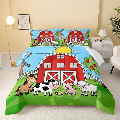 Farm Animals Comforter,Farmhouse Comforter Set for Kids Teens Girls Boys,Cartoon Animals 3Pcs Bedding Set Printed Comforter with 2 Pillowcases,Down Alternative,Soft and Lightweight，King Size