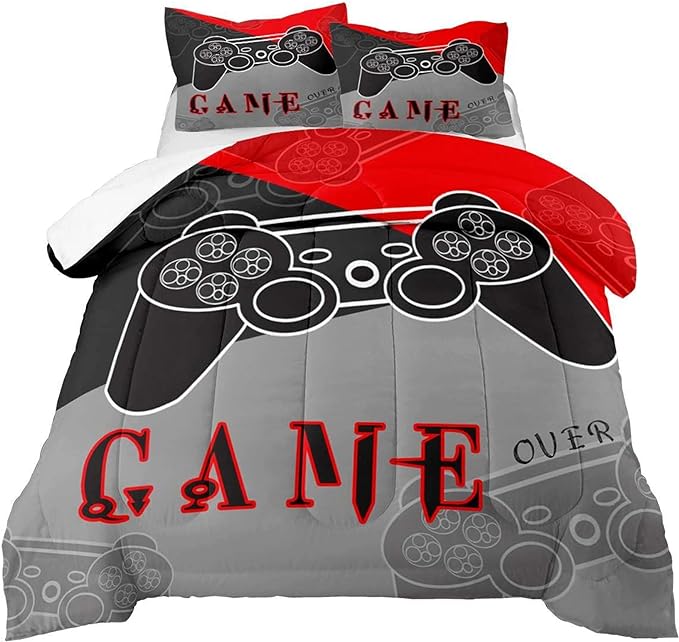 Gaming Bedding Sets for Boys Bedroom Soft Video Gamer Comforter Set Queen Size Black Red Game Controller Beddings for Kids Teens 1 Comforter and 2 Pillowcases