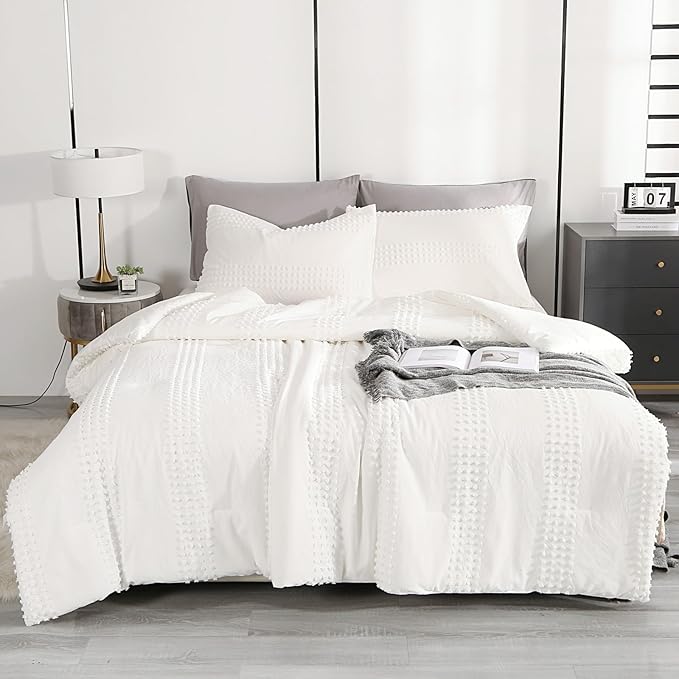 ENJOHOS White Full Size Comforter Bedding Set, 3 PCS Boho Comforter with Tufted Dots, Shabby Chic Bedding Comforter for All Season, Lightweight Fluffy Microfiber Comforter with 2 Pillowcases