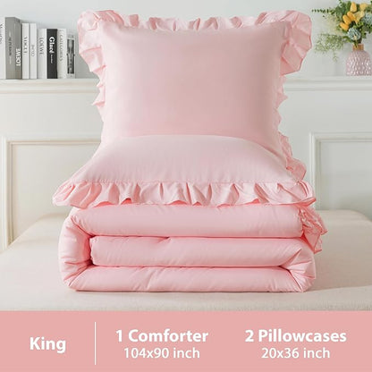Andency Pink Ruffle Comforter King, 3 Pieces Solid Farmhouse Shabby Chic Comforter, Vintage Rustic Lightweight Soft Microfiber Bedding Set All Season (104x90Inch Comforter)