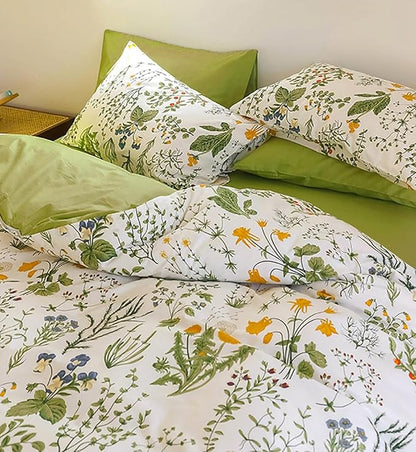 Botanical Comforter Set Cal King White and Sage Green Floral Plant Bedding Set Garden Pattern Printed on White Women Reversible Blanket 3 PCs Girls Breathable White Floral Bed Comforter Set