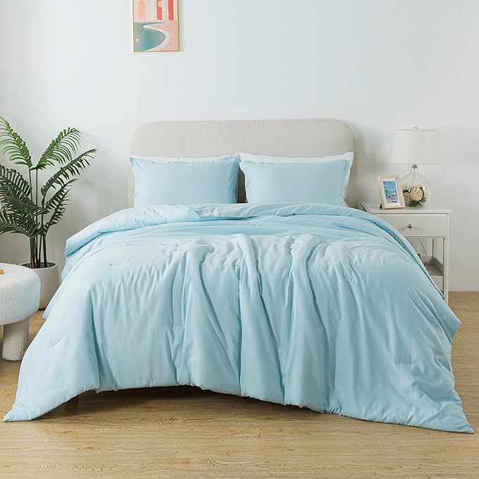 Queen Baby Blue Comforter Set, Solid Lightweight Skin-friendly Boho Bedding Set & Collections, Breathable Fluffy Microfiber 3 PCS (90"x90") Comforter Set for All Seasons with Pillowcases