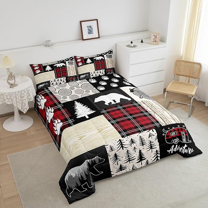 Manfei Bear Comforter Set Twin Size,Pine Trees Animals Hunting Bedding Set for Kids Boys Girls Adults Room Decor,Camping Adventure Rustic Farmhouse Down Comforter,Red Plaids Duvet Insert,1 Pillowcase