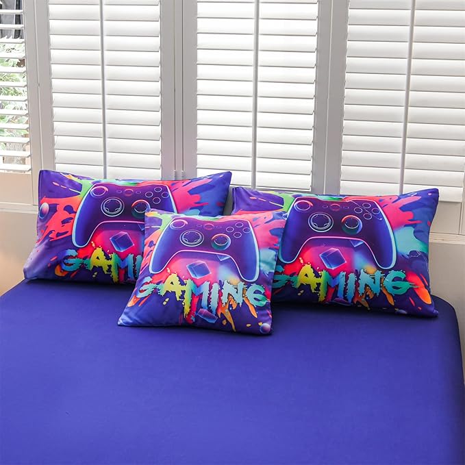 Aimuan Gaming Comforter Sets for Boys Kids Bedding Sets Video Games Console Action Buttons Novelty Colorful Game Gamepad Controller Modern Gamer Room Decor Home Quilt Set (Twin 6 Pcs,Purple)