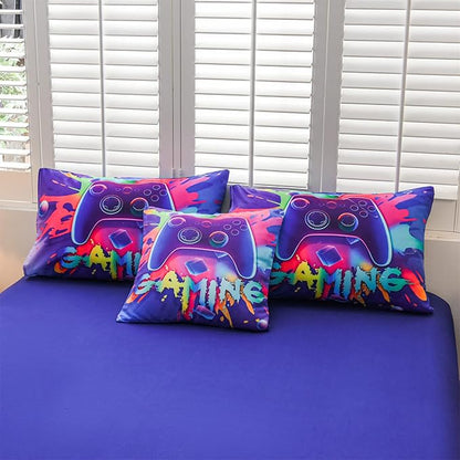 Aimuan Gaming Comforter Sets for Boys Kids Bedding Sets Video Games Console Action Buttons Novelty Colorful Game Gamepad Controller Modern Gamer Room Decor Home Quilt Set (Twin 6 Pcs,Purple)