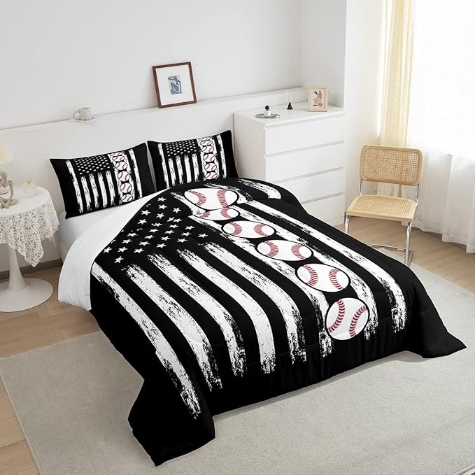 Baseball Comforter American Flag Comforter Set Kids Boys Baseball Sports Games Bedding Set Children Girls Teens Black and White Ball Microfiber Quilt Set Room Decor for All Season Full Size