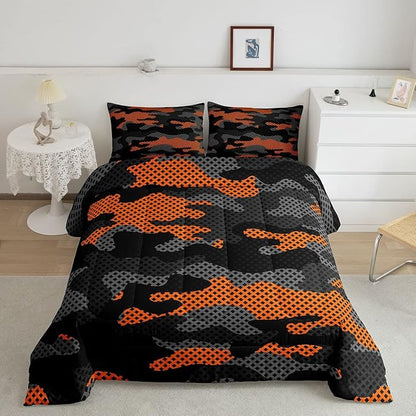 Erosebridal Army Camouflage Comforter Set Queen Size Teens Adult Camo Bedding Set for Kids Boys Girls Colorful Pattern Decor Down Comforter Orange Black Grey Duvet Set Geometric Pattern Quilt Set