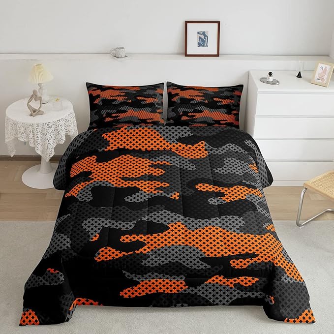 Erosebridal Army Camouflage Comforter Set Twin Size Teens Adult Camo Bedding Set for Kids Boys Girls Colorful Pattern Decor Down Comforter Orange Black Grey Duvet Set Geometric Pattern Quilt Set