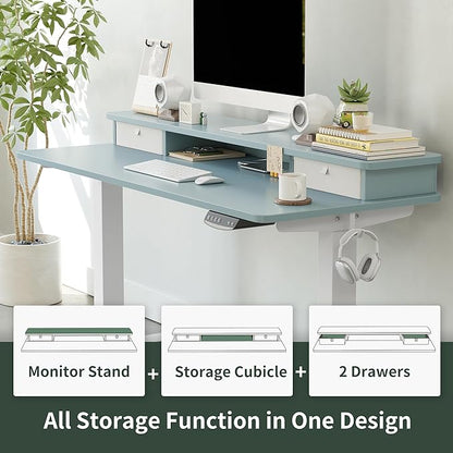 FEZIBO 60 x 24 Inch Height Adjustable Electric Standing Desk with Double Drawer, Stand Up Desk with Storage Shelf, Sit Stand Desk, Blue