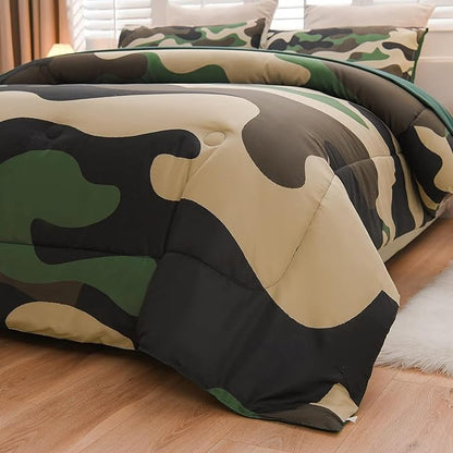 Meeting Story Camouflage Bedding Set, Colorful Pattern Style Comforter Set, 5 PCS One Comforter Two Pillowcases Two Sheets in One Bag, All Season Bedspread for Teens Adults (Green, Queen 5Pcs)