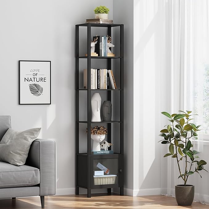 TUTOTAK 6 Tier Bookcase and Bookshelf, Narrow Book shelf with Door for Small Space, for Living Room, Office, Study, Entryway, Black BS03BK006