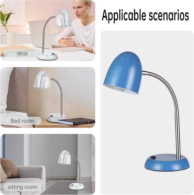 Eye-Caring Table Lamp of Simple Designs Home E26 Led Screw Basic Metal Desk Lamp with Flexible Gooseneck Hose Neck Study Lamp for Bedroom Office Living Room Convenient On/Off Switch (Light Blue)