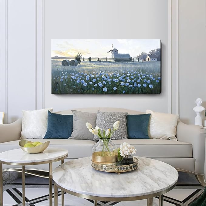 amatop Large Rustic Canvas Wall Art – Farmhouse Blue Rose and Windmill Landscape Picture, Nature Country Floral Sunset Wall Decor for Living Room Bedroom, Countryside Botanical Artwork Print 48x24 Inch