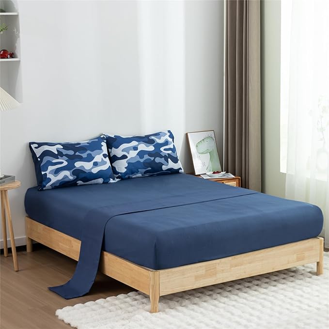 Meeting Story Camouflage Bedding Set, Colorful Pattern Style Comforter Set, 5 PCS One Comforter Two Pillowcases Two Sheets in One Bag, All Season Bedspread for Teens Adults (Navy,Queen 5Pcs)