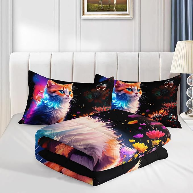 Cartoon Kawaii Cat Comforter Set Queen Size 3D Animals Flower Toddler Bedding Set Cat Lovers Animal Bubble Design Quilt Bed Set for Girls Kids Teens