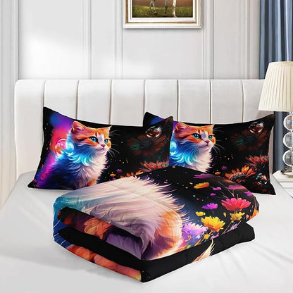 Cartoon Kawaii Cat Comforter Set Twin Size 3D Animals Flower Toddler Bedding Set Cat Lovers Animal Bubble Design Quilt Bed Set for Girls Kids Teens