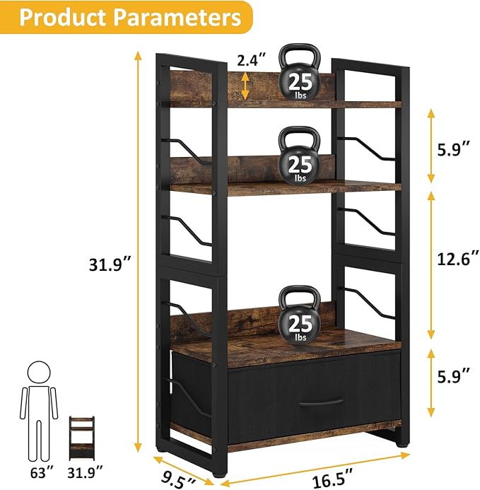 Small Bookshelf with Drawer: 4-Tier Wood Book shelf Industrial Narrow Bookcase Storage Organizer Metal Stackable shelves for Desktop Bedroom Living Room Home Office (Rustic Brown)