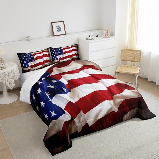 Erosebridal American Flag Comforter Set, United States Down Comforter King Size for Kids Boys Teens, USA Federations Stars Bedding Set Geometric Stripes Quilted Duvet for Bedroom, Blue White and Red