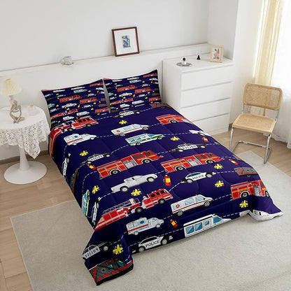 Fire Truck Bedding Bed Set Police Car Comforter Set for Kids Boys Girls Teens Youth Decor Engine Ambulance Cute Comforter Emergency Vehicle Blue Soft Quilt Set Room 2Pcs Twin Size