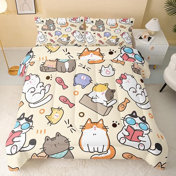 Kawaii Cat Comforter Twin,Kawaii Animals Comforter Set for Kids Teens Girls,3Pcs Bedding Set Printed Comforter with 2 Pillowcases,Down Alternative,Soft and Lightweight，Twin Size