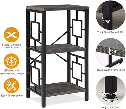 Small Bookshelf, 3 Tier Vintage Industrial Small Bookshelf for Small Spaces, Freestanding Open Shelf Bookcase, Versatile Bookshelf for Home Office, Bedroom & Living Room, Grey