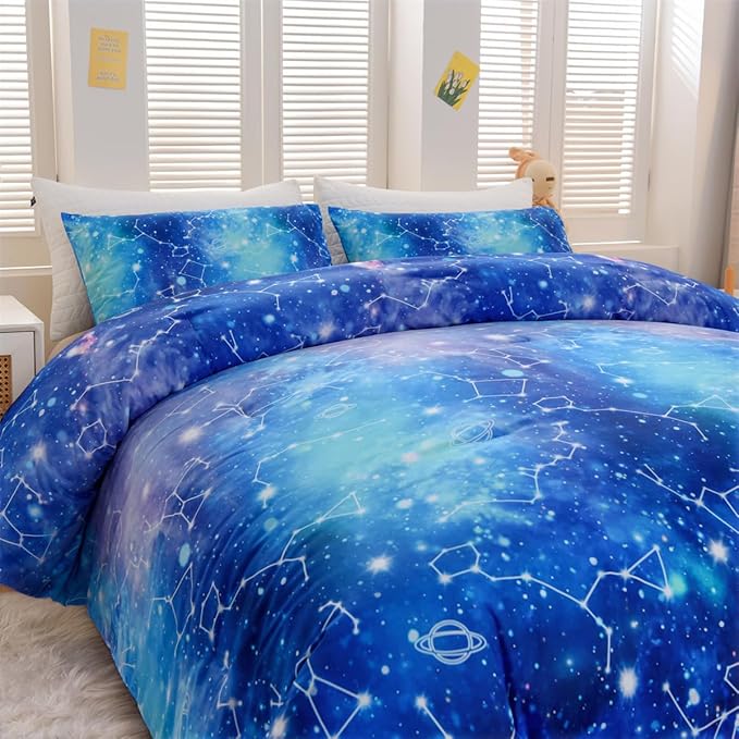 Holawakaka Tie Dye Constellation Print Ombre Comforter Set Full Size Girls Boys Gradient Galaxy Bedding Set (Cyan,Full)