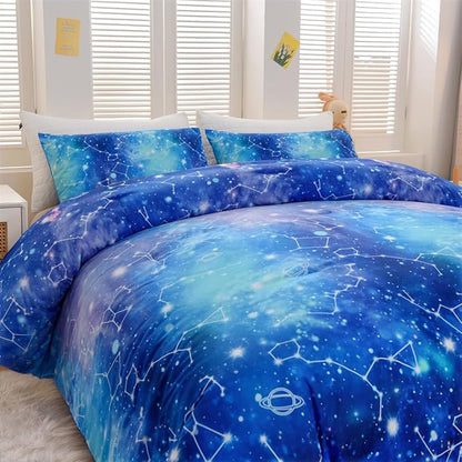 Holawakaka Tie Dye Constellation Print Ombre Comforter Set Full Size Girls Boys Gradient Galaxy Bedding Set (Cyan,Full)