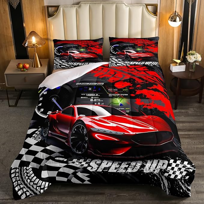 Feelyou Kids Boys Girls Red Race Car Comforter Set Full Size, Sports Car Comforter Comforter Set for Teens Toddler Race Car Bedding Set Racing car Duvet Set Bed Set Room Decor Bedding Collection