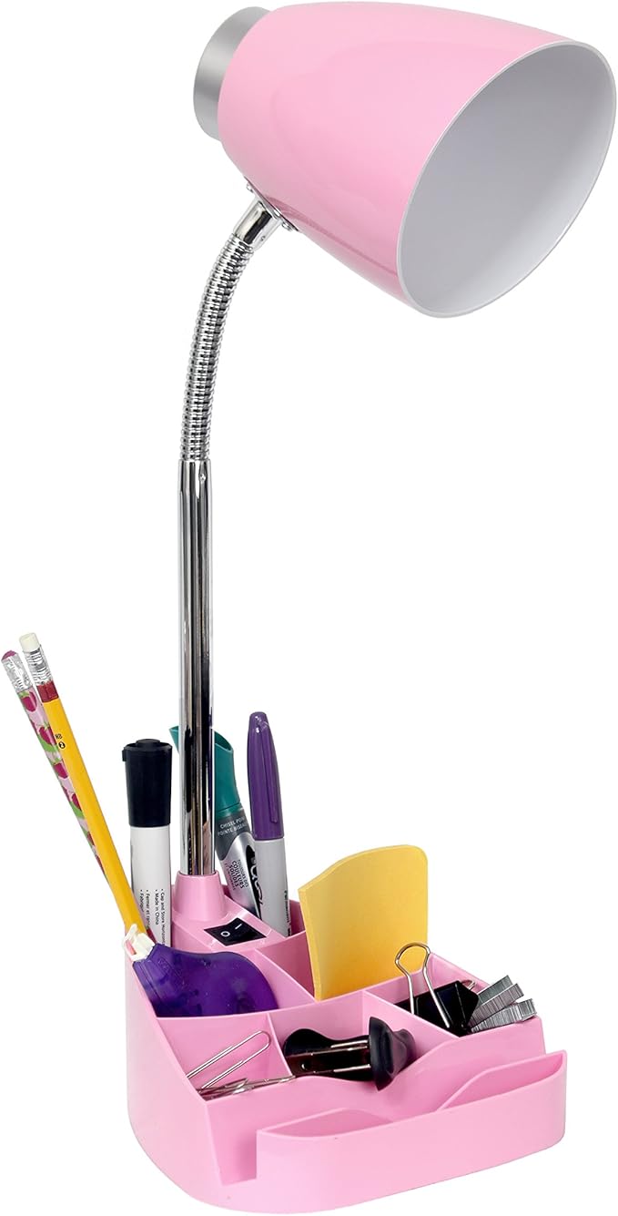 Simple Designs LD1002-PNK Gooseneck Organizer Desk Lamp with iPad Tablet Stand Book Holder, Pink