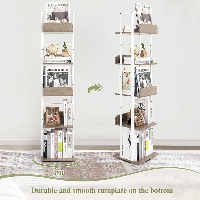 Bikoney Bookshelves 5-Tier, Rotating Bookshelf Tower for Corner, Small Bookcase, Tall Industrial Bookshelf, Narrow Bookshelf, Wood and Metal White