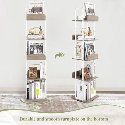 Bikoney Bookshelves 5-Tier, Rotating Bookshelf Tower for Corner, Small Bookcase, Tall Industrial Bookshelf, Narrow Bookshelf, Wood and Metal White