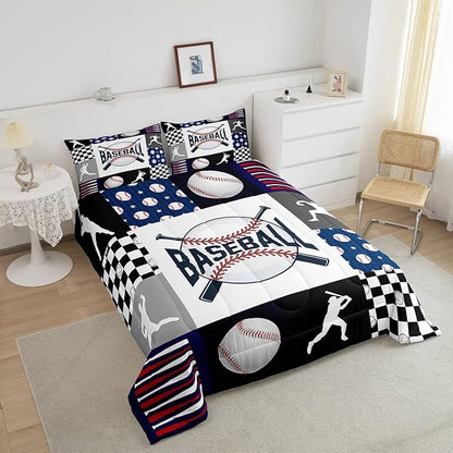 Erosebridal Baseball Quilt Set Teen Boys Baseball Bedding Comforter Set Queen Size Bed,Kids Sports Bed Comforter Sets Black White Geometric Checkered Grids Duvet Set for All Season 2 Pillowcases