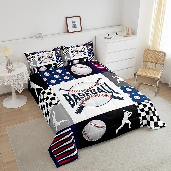 Baseball Bedding,Kids Sports Baseball Comforter Set For Boys Girls Twin Size,Teen Baseball Quilt Set Sport Fans Room Decor,Patchwork Geometric Checkered Comforter Balck white Navy Blue 1 Pillowcase
