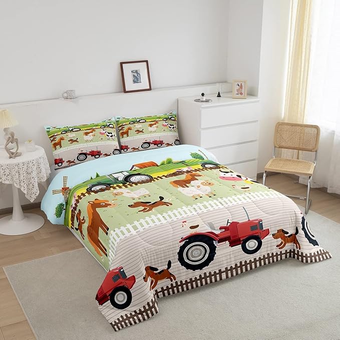 Tractor Bedding Sets for Boys Twin Size Toddler Kids Cute Cartoon Farm Animals Comforter Set Girls Children Farmhouse Country Down Comforter for All Season Colorful Room Decor Nature Theme Duvet Set