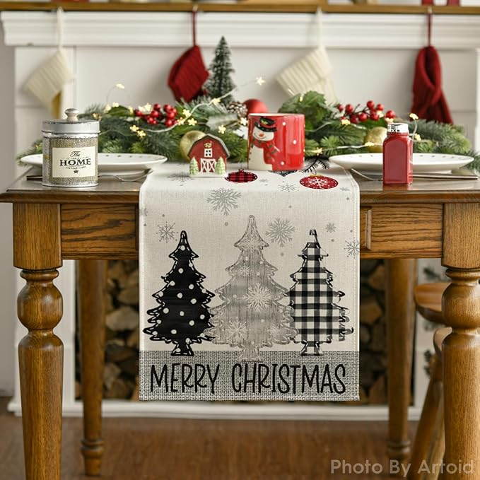 Artoid Mode Grey Pine Trees Snowflake Merry Christmas Table Runner, Winter Xmas Holiday Kitchen Dining Table Decoration for Home Party Decor 13x72 Inch