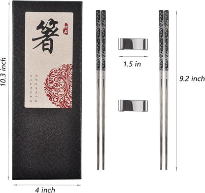 Metal Chop Sticks Reusable Dishwasher Safe with Holder, SUS 304 Stainless Steel Chopsticks, Elegant Chopsticks Reusable Non-Slip Design Gift Set (Metal)