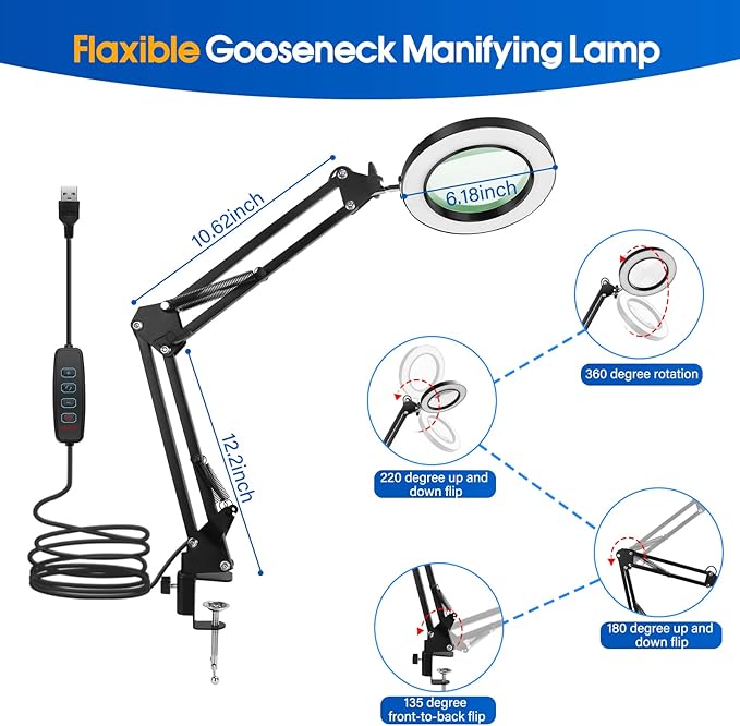 64 LED USB 10X Magnifying Desk Lamp with Clamp, Desk Hands-free Lighted Magnifier with 3 Color Modes, 10 Level Dimmable and Flexible Gooseneck for Reading Craft Sewing Repair Close Work Beauty