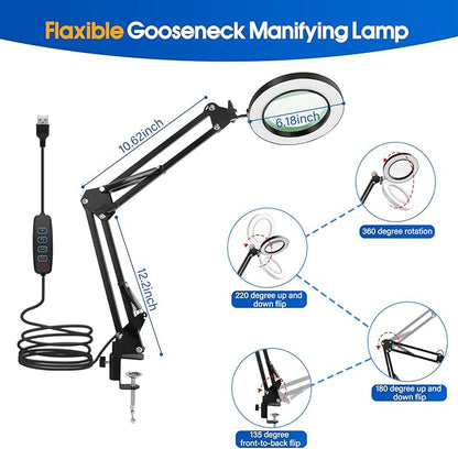 64 LED USB 10X Magnifying Desk Lamp with Clamp, Desk Hands-free Lighted Magnifier with 3 Color Modes, 10 Level Dimmable and Flexible Gooseneck for Reading Craft Sewing Repair Close Work Beauty
