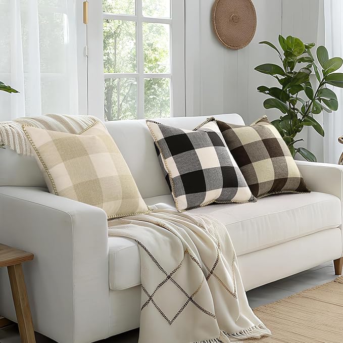 decorUhome Buffalo Plaid Check Throw Pillow Covers 12x20 Set of 2, Outdoor Lumbar Decorative Farmhouse Neutral Pillow Covers with Stitched Edge for Bed Couch Sofa, Black and White