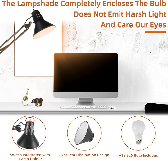 Desk Lamp for Home Office Eye-Caring Metal Extra Long Swing Arm Stable Clamp Flexible Gooseneck A19 E26 Bulb included as Table Working Reading Aesthetic Computer Versatile Light