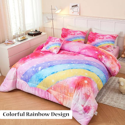 6 Pieces Rainbow Queen Size Bed in A Bag for Girls/Kids/Teens, Colorful Sparkle Tie Dye Girls Comforter Set, Soft Sparkle Glitter Galaxy Bed Sets for All Season