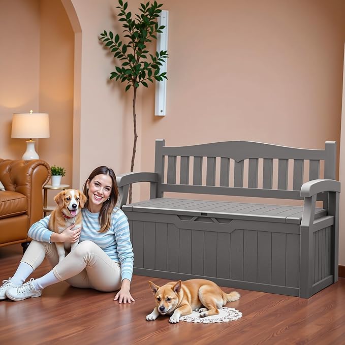 JUMMICO 80 Gallon Resin Outdoor Storage Bench, Large Deck Box with Armrest, Lockable & Waterproof for Garden, Home, Patio, Pools (Grey)