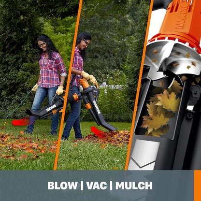 WORX WG509 TRIVAC 12 Amp 3-in-1 Electric Leaf Blower/Leaf Vacuum/Mulcher, Metal Impeller for Fine Mulching