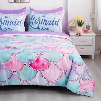 Wajade Kid Mermaid Scale Comforter Bedding Set Full Size, Colorful Rainbow 3D Fish Scale 7 Pieces Soft Bedding Sets with Comforter, Sheet, Pillowcase and Sham for Girls