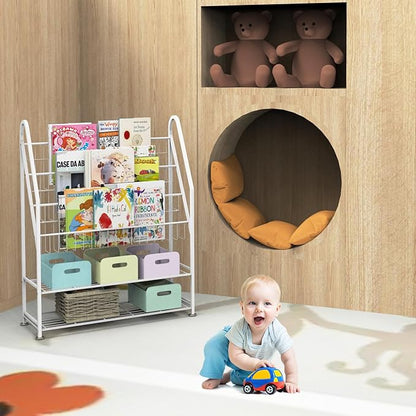 Kids Bookshelf Freestanding for Children Room 32 Inches White Metal Bookcase Large Capacity Books Toys Organizer Stable 5 Tiers Kids Book Rack for Playroom Bookstore Library.